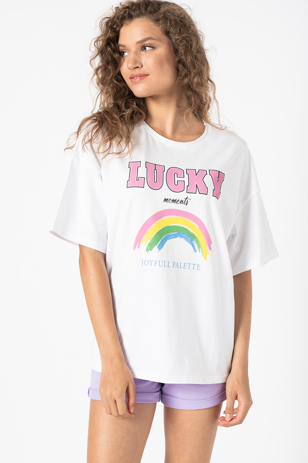 Sisters Point, Tricou lejer cu imprimeu text Velia, Alb optic/Roz/Albastru