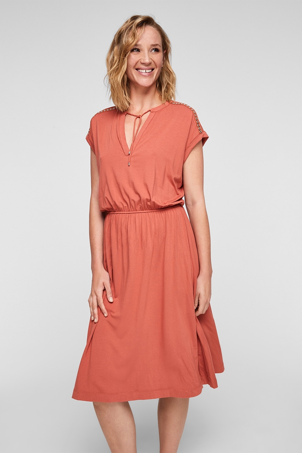 s.Oliver, Rochie midi cu detalii decorative pe umar, Oranj persan