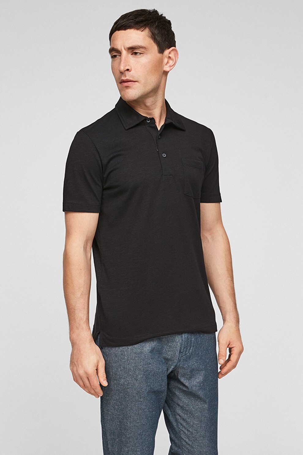 s.Oliver, Tricou polo de jerseu cu buzunar pe piept, Negru