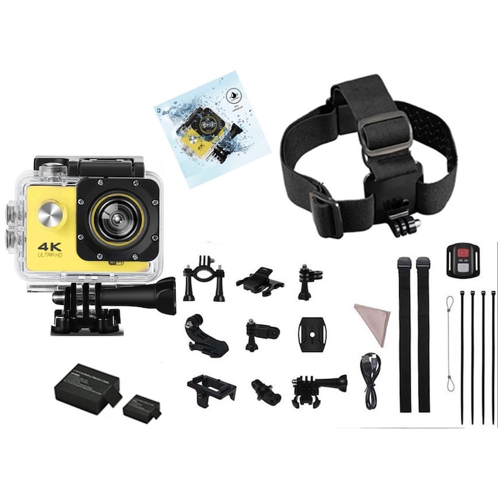 1Tech XMART H163CR Sports Action Camera Kit, UHD, Két elem, Fejtartó, 170 fok, Wi-Fi, HDMI, Micro USB, Vízálló, Tartozékok, Kézi távirányító, Sárga