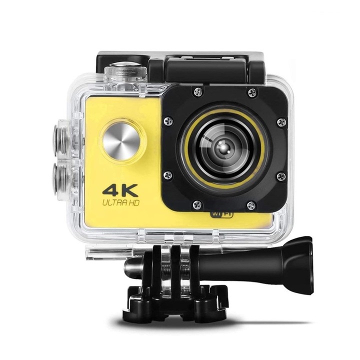 Kit pentru camera sport, 1Tech, XMART H163CR, UHD, 2 baterii, 170 de grade, Wi-FI, HDMI, Accesorii, Galben