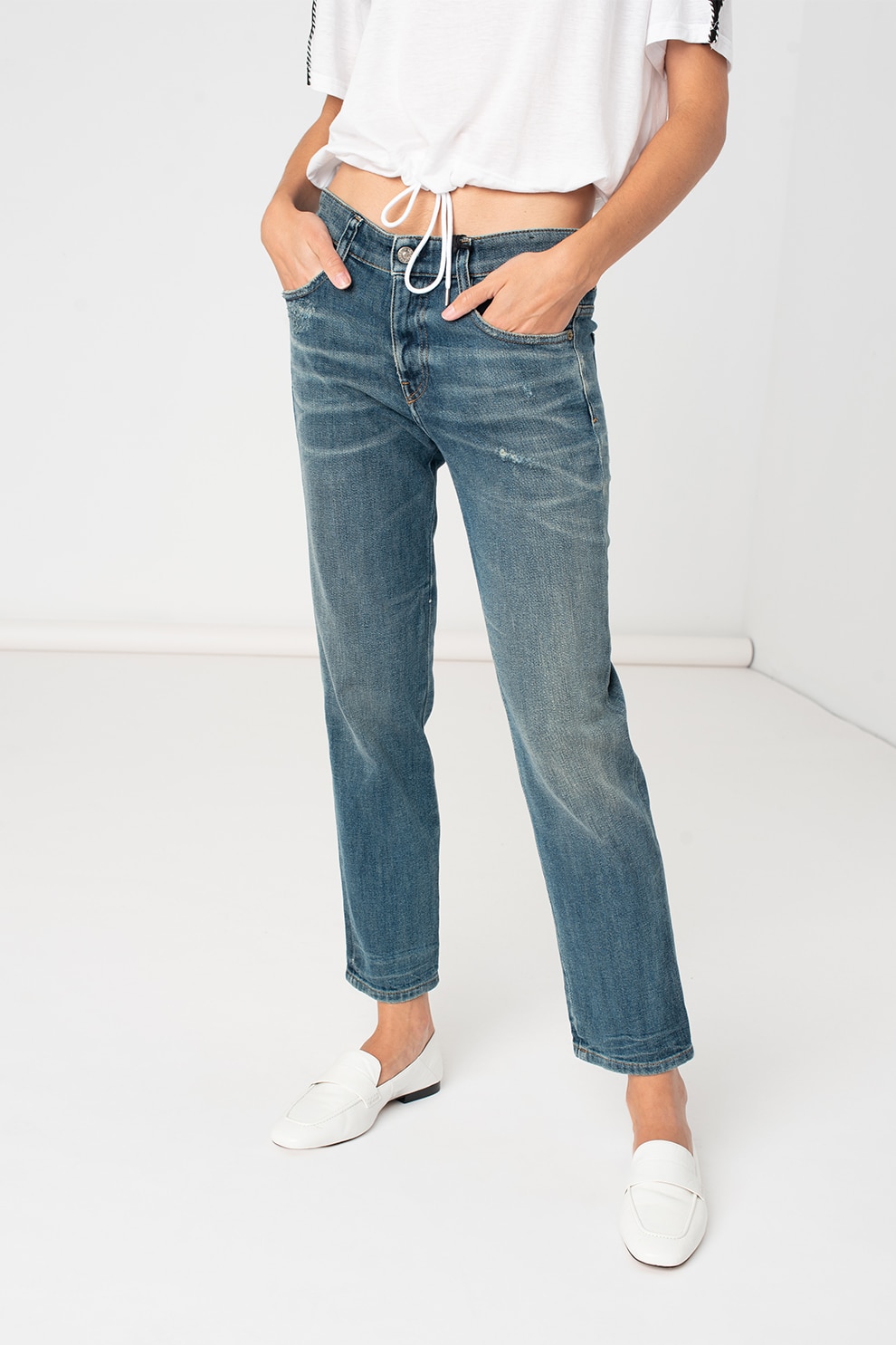 Diesel, Blugi slim fit crop cu aspect decolorat Rifty, Bleu/Bleumarin, W28-L32