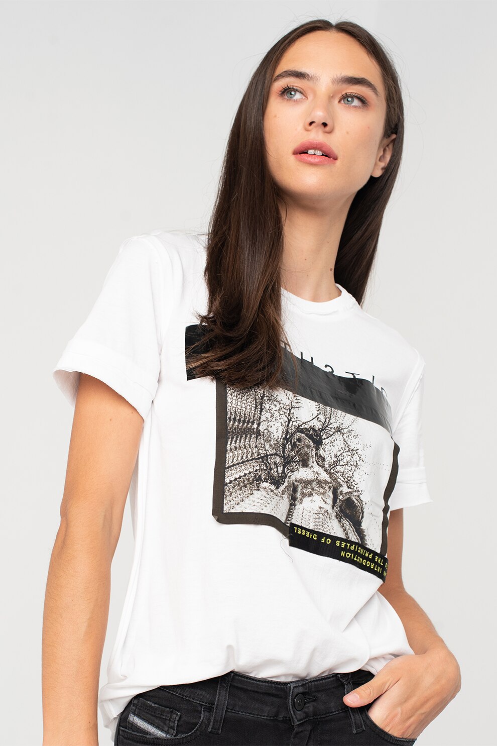 Diesel, Tricou cu imprimeu si decolteu la baza gatului Sily, Alb/Negru