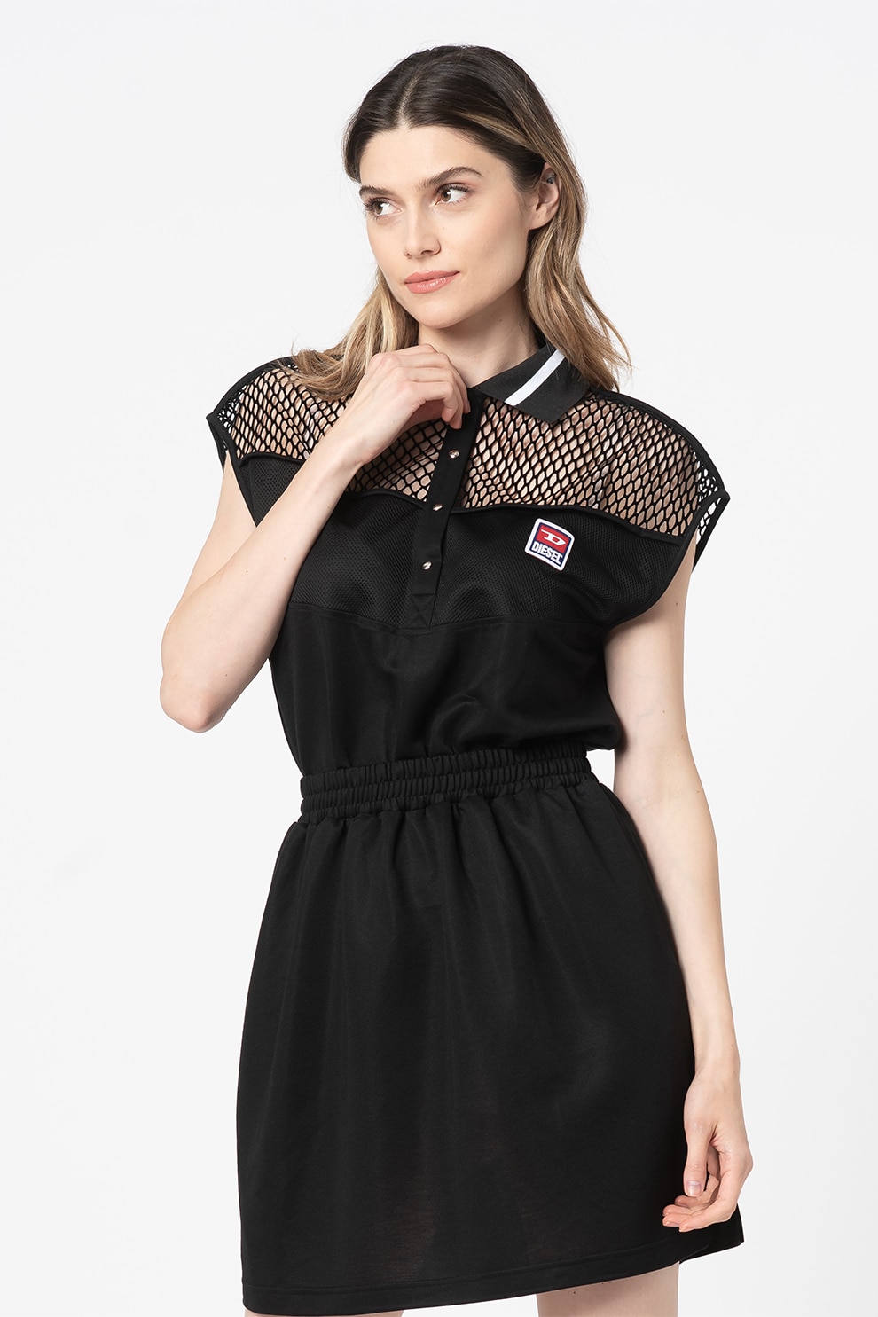 Diesel, Rochie mini cu insertii de plasa Reia, Negru/Alb