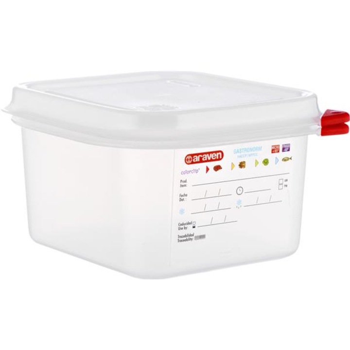 Araven, Élelmiszertároló doboz légmentesen záródó fedéllel, GN1 / 6 100, polipropilénből, méretek 176x162xh100 mm, űrtartalom 1,7 liter