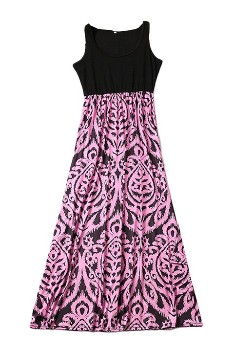 Дамска рокля, макси, абстрактен принт, черно-розово