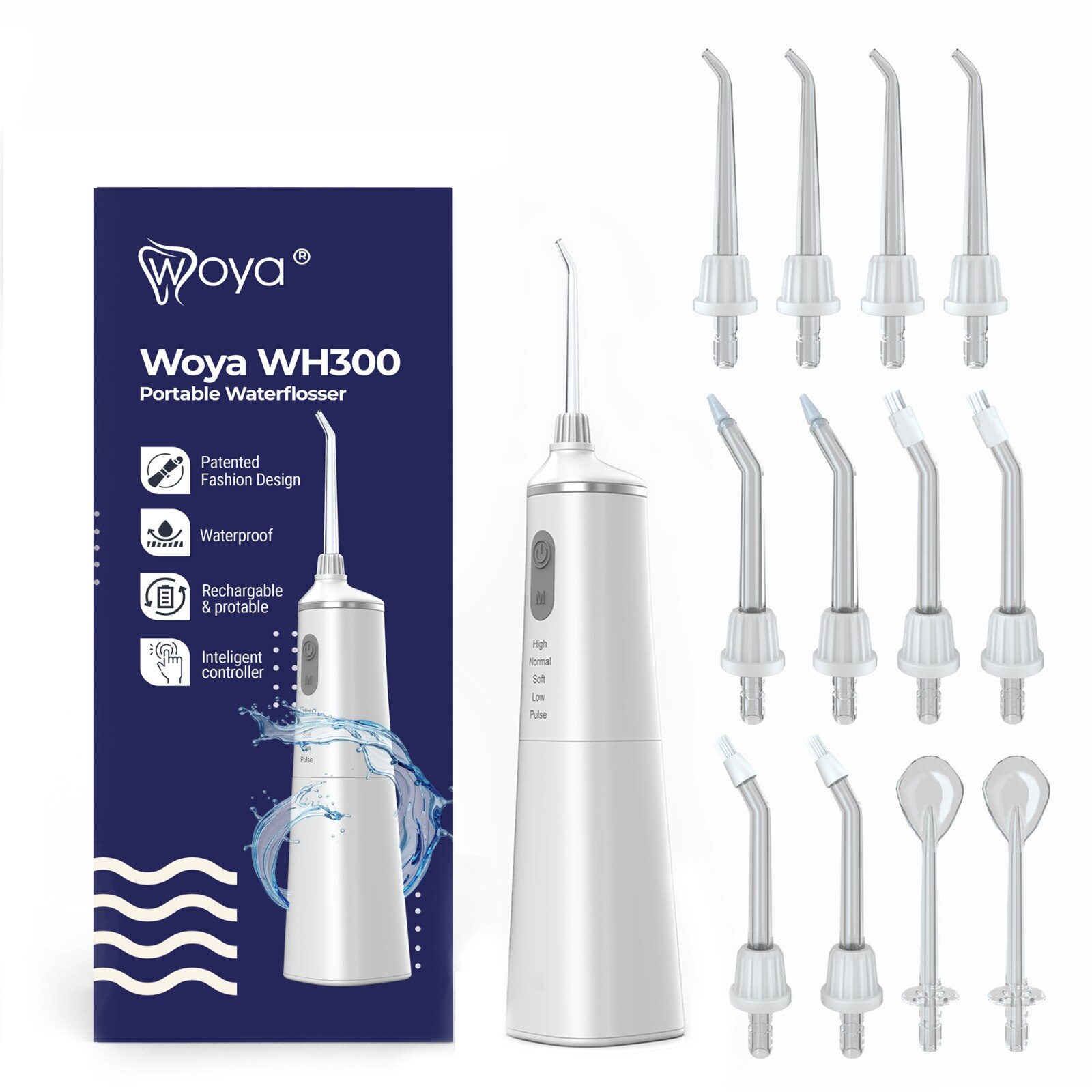 Irigator dus Bucal profesional, portabil, 12 capete, 5 programe, rezervor 300 ml, Woya WH300, Alb