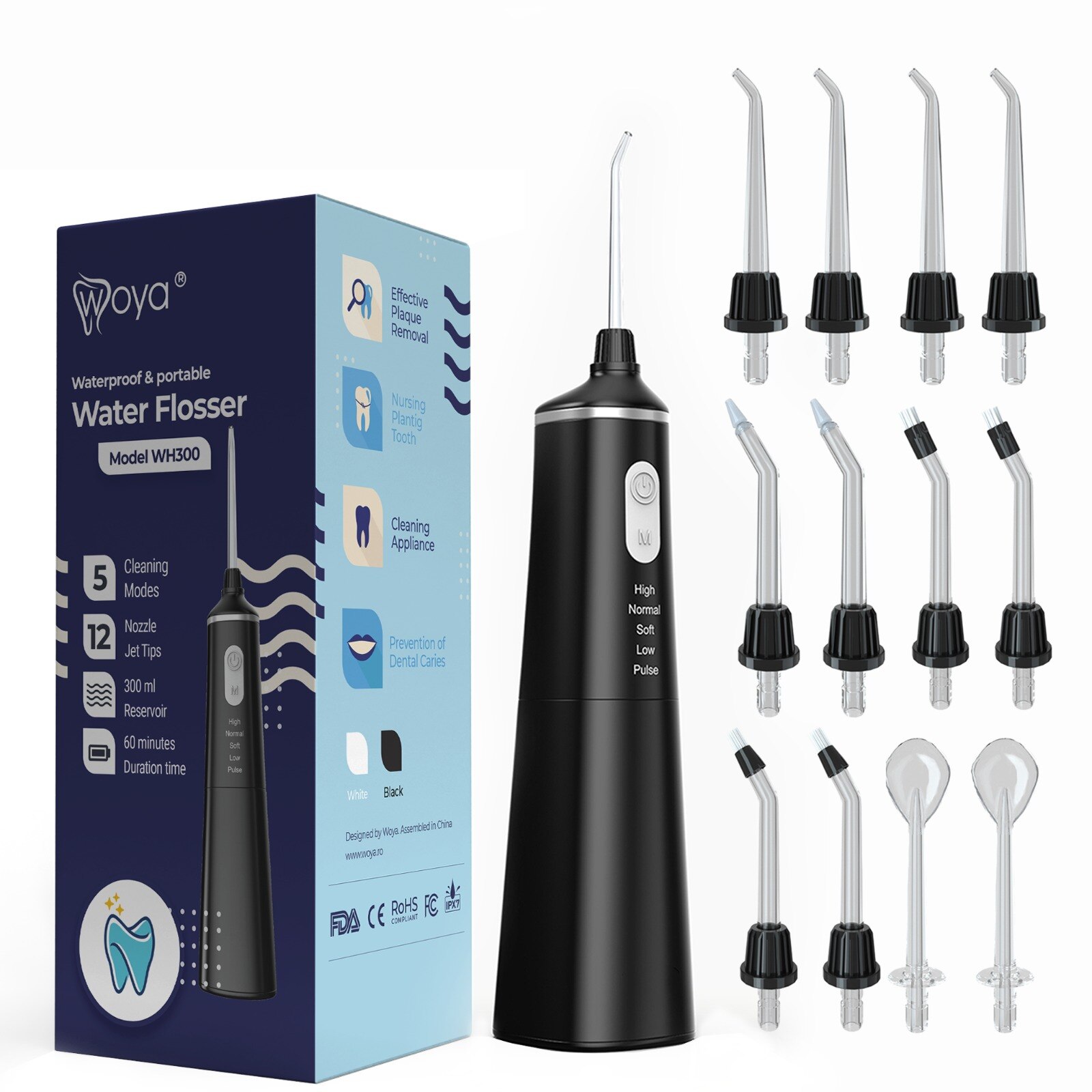 Irigator dus Bucal profesional, portabil, 12 capete, 5 programe, rezervor 300 ml, Woya WH300, Negru