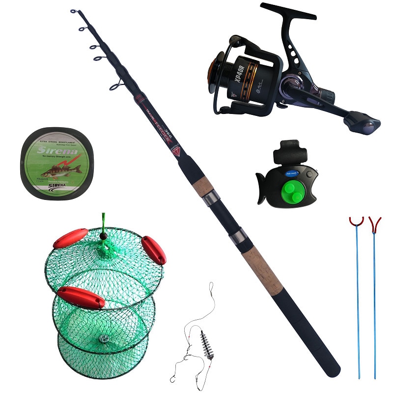 Pachet lanseta Diamant alb Travel Feeder 3.6 m, mulineta XP40R, senzor, juvelnic cu plutitori, fir monofilament 100 m, suporti U si V si montura