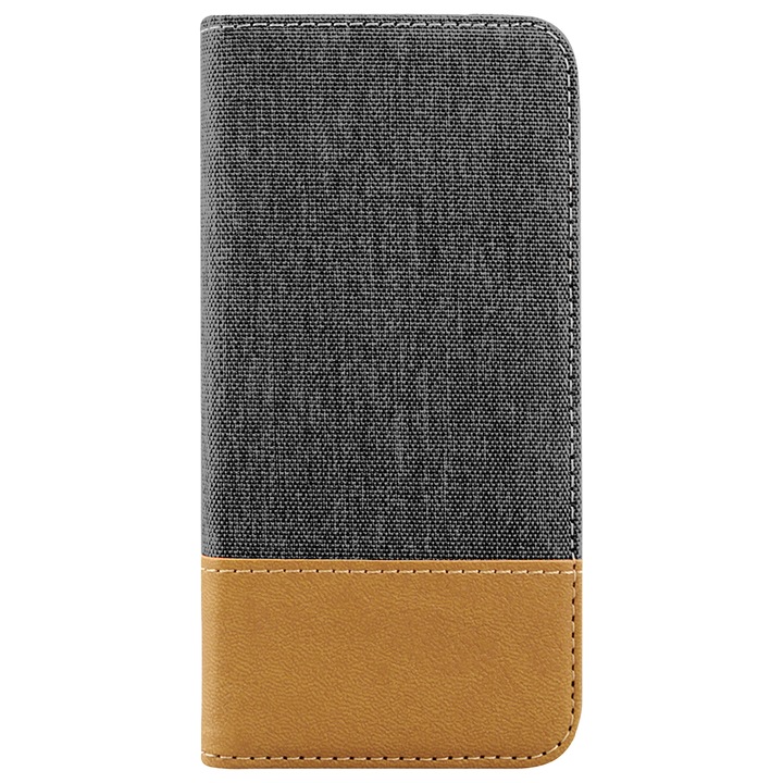 Husa de protectie tip carte Pentru Samsung Galaxy S7, Din denim, piele ecologica si TPU, Gri/Maro