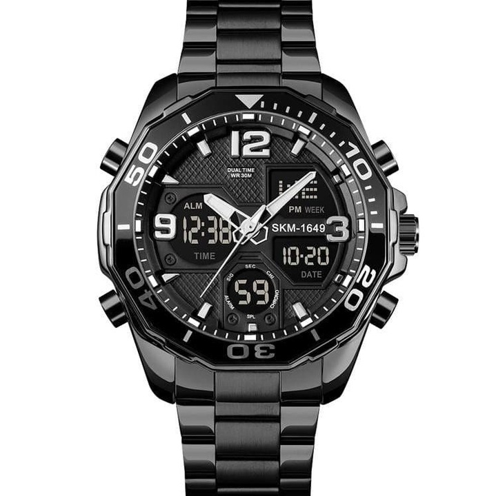 Мъжки часовник Skmei Elegant Dual Time Digital Quartz Stainless Steel, черен