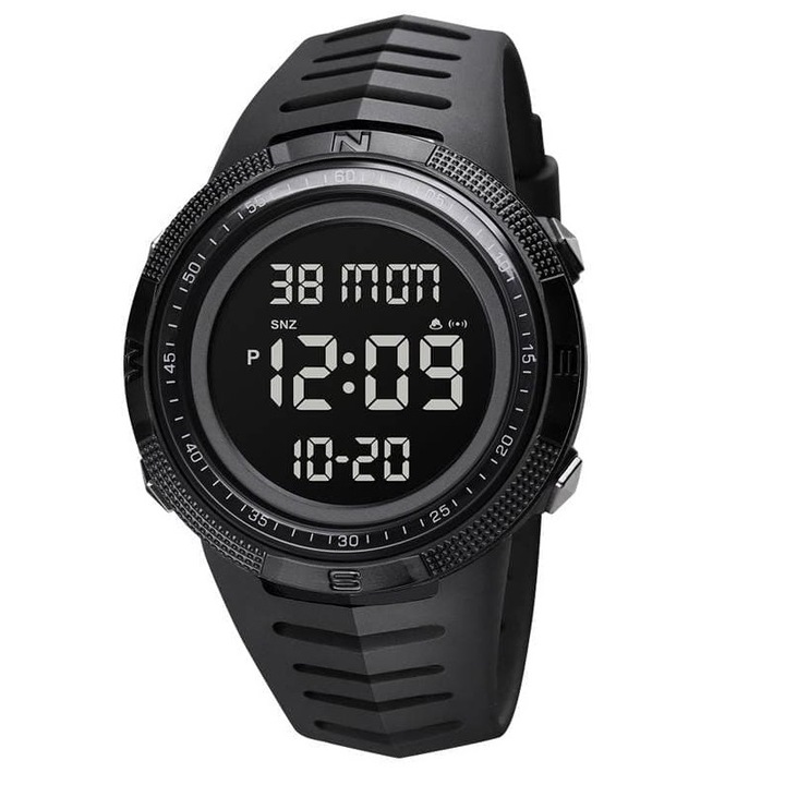 Мъжки часовник Skmei, спортен, цифров, аларма, хронометър, компас, 5 ATM, подсветка, черен