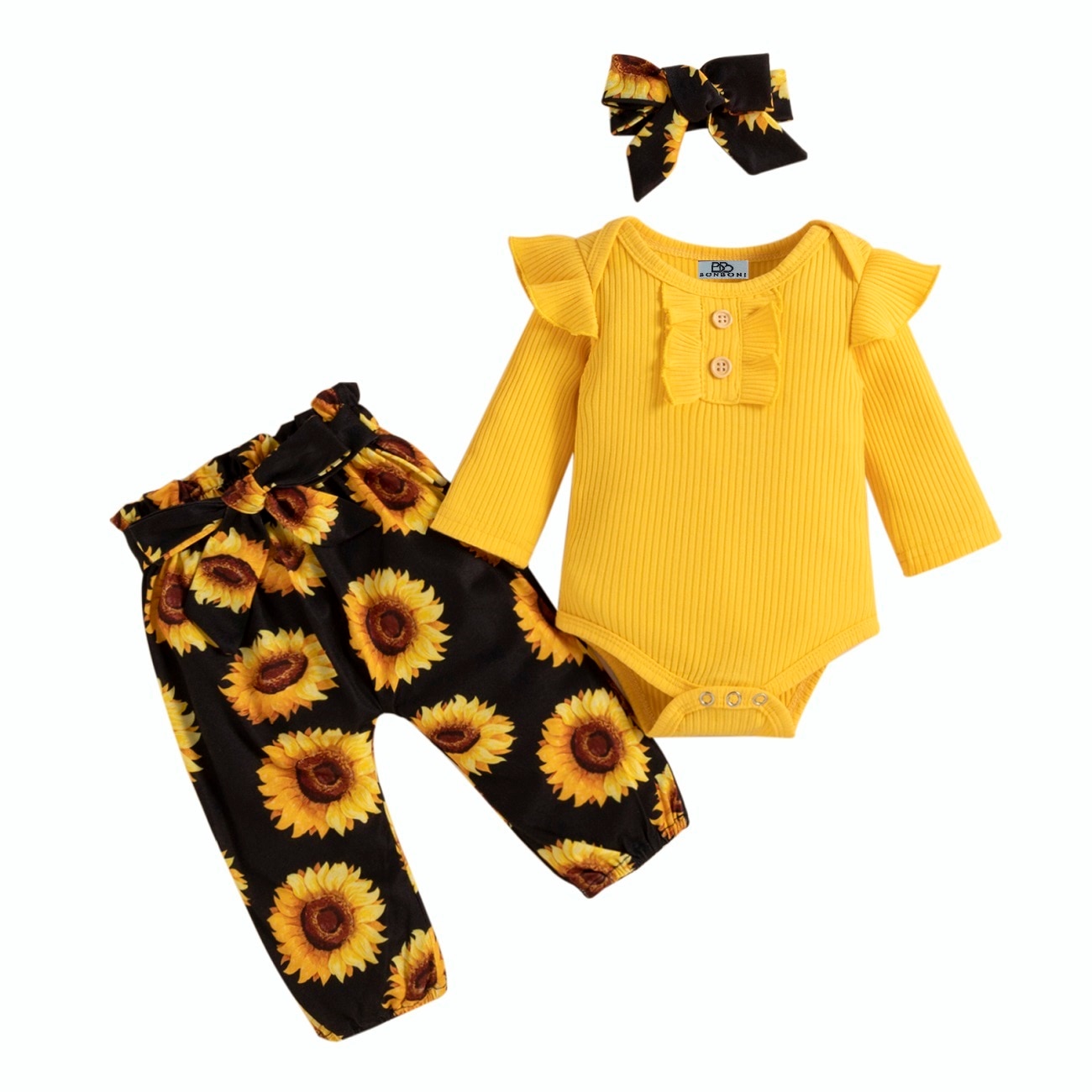 Compleu pentru copii format din trei piese pantaloni bufanti cu fundita, body cu volane si bentita, BonBoni PBB-3789, Galben