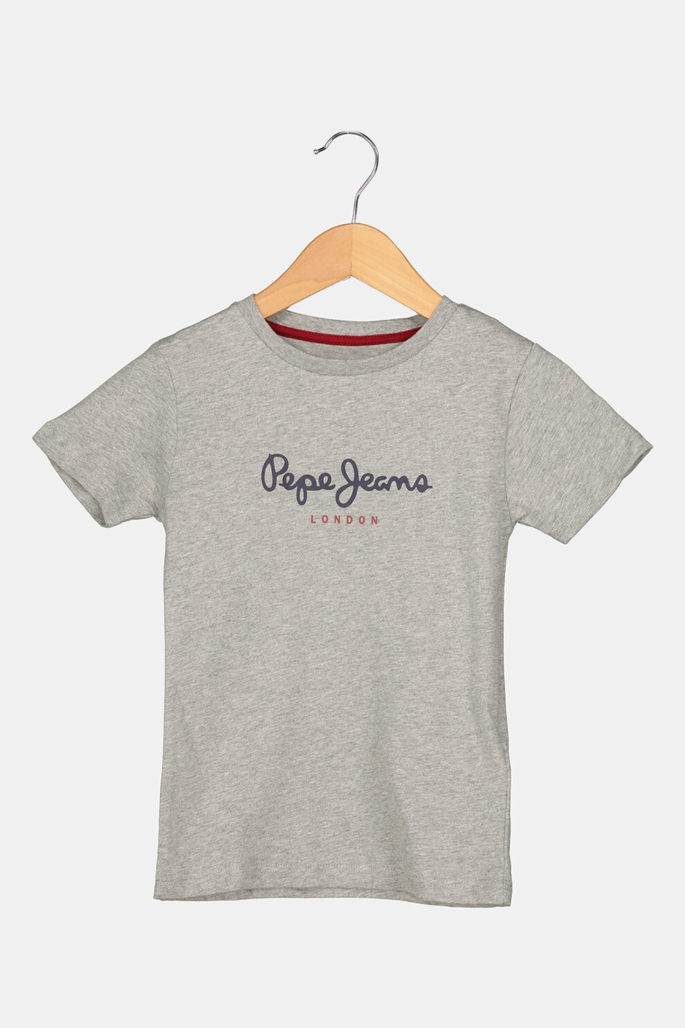 Pepe Jeans London, Tricou cu decolteu la baza gatului si imprimeu logo Art New, gri melange, bleumarin inchis, rosu inchis