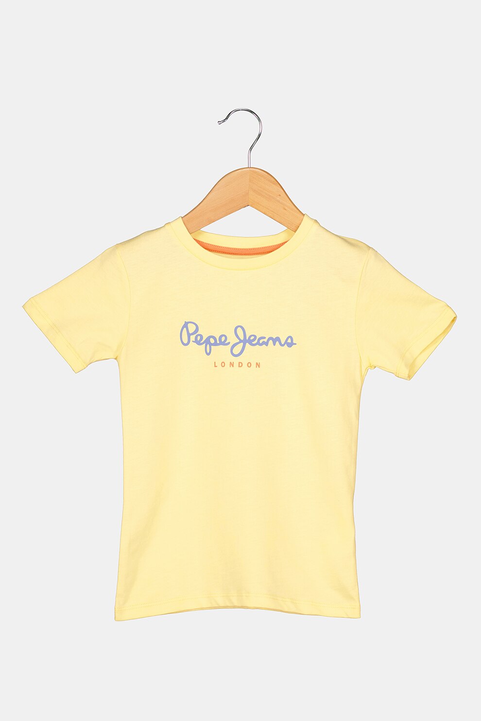 Pepe Jeans London, Tricou cu decolteu la baza gatului si imprimeu logo Art New, Galben pal/Albastru lavanda