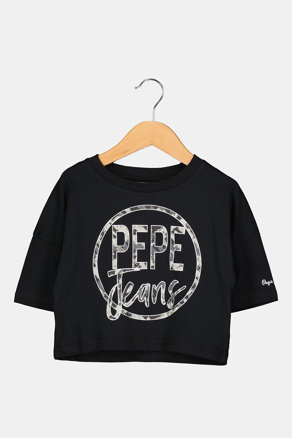 Pepe Jeans London, Tricou crop supradimensionat cu imprimeu logo Soraya, negru, gri inchis, gri cenusa