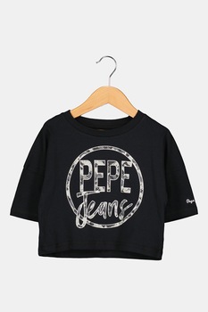 Pepe Jeans London, Tricou crop supradimensionat cu imprimeu logo Soraya, negru, gri inchis, gri cenusa Pepe Jeans London, Tricou crop supradimensionat cu imprimeu logo Soraya, negru, gri inchis, gri cenusa