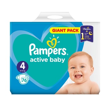 Scutece Pampers Active Baby,gigant pack,marimea 4,cantitate 76 de bucati,pentru 9-14 kg,cu strat aditional unic pentru protectie suplimentara pe timp de noapte Scutece Pampers Active Baby,gigant pack,marimea 4,cantitate 76 de bucati,pentru 9-14 kg,cu strat aditional unic pentru protectie suplimentara pe timp de noapte