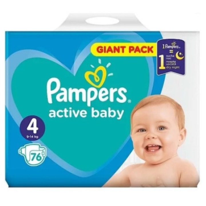 Пелени Pampers Active Baby, гигантска опаковка, размер 4, количество 76 бр., за 9-14 кг, с уникален допълнителен слой за допълнителна защита през нощта