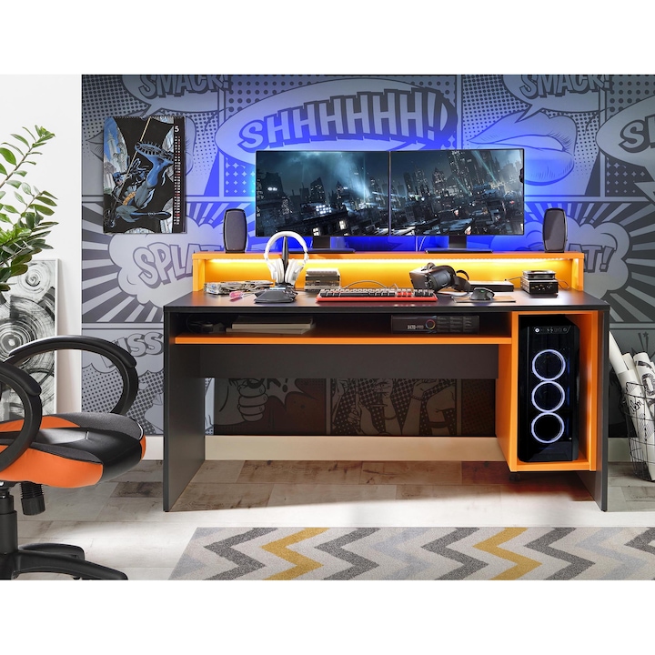 Birou Kring Gaming, 160x94x69 cm, culoare negru/portocaliu, include LED