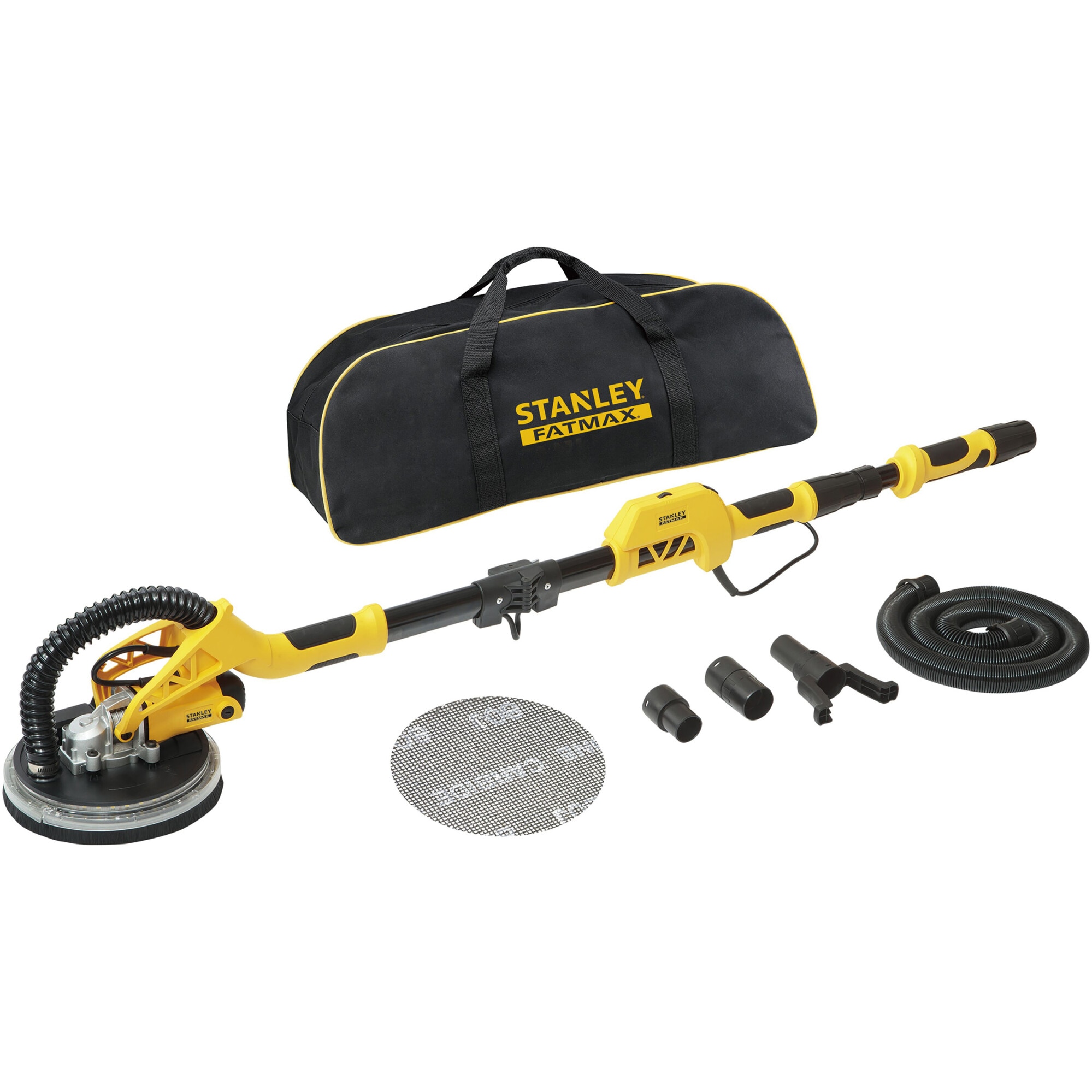 Slefuitor electric profesional pentru pereti si plafon STANLEY FatMax SFMEE500S, diametru disc 225 mm, putere 750W, turatie variabila 600 - 1700 RPM, iluminare LED, maner extensibil pana la 180 cm, sistem evacuare praf, accesorii si sac depozitare incluse
