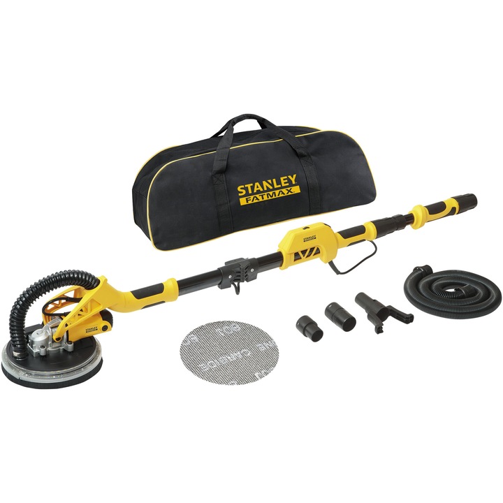Шлайфмашина за стени STANLEY FatMax SFMEE500S, диаметър на диска 225 mm, мощност 750 W, променлива скорост 600 - 1700 RPM, LED осветление, разтегателна дръжка до 180 cm, система за прахоулавяне, включени аксесоари и чанта за съхранение