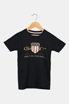 Gant, Tricou de bumbac organic cu imprimeu logo, Negru/Auriu/Rosu inchis