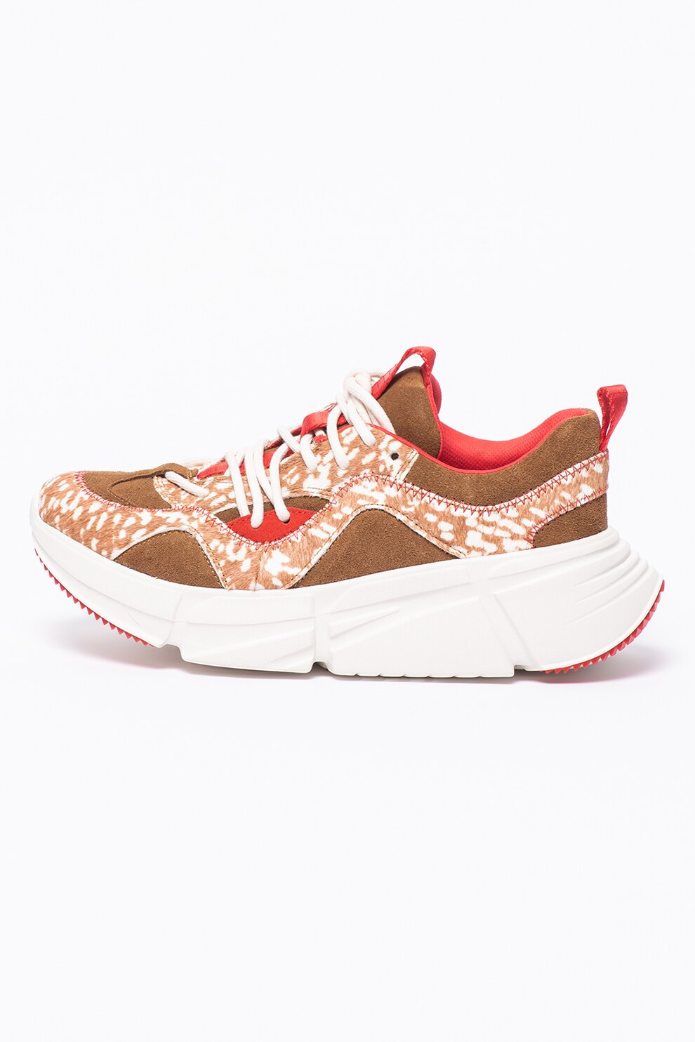 UGG, Pantofi sport wedge de piele intoarsa, Caramel/Alb/Rosu