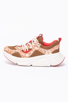 UGG, Pantofi sport wedge de piele intoarsa, Caramel/Alb/Rosu UGG, Pantofi sport wedge de piele intoarsa, Caramel/Alb/Rosu