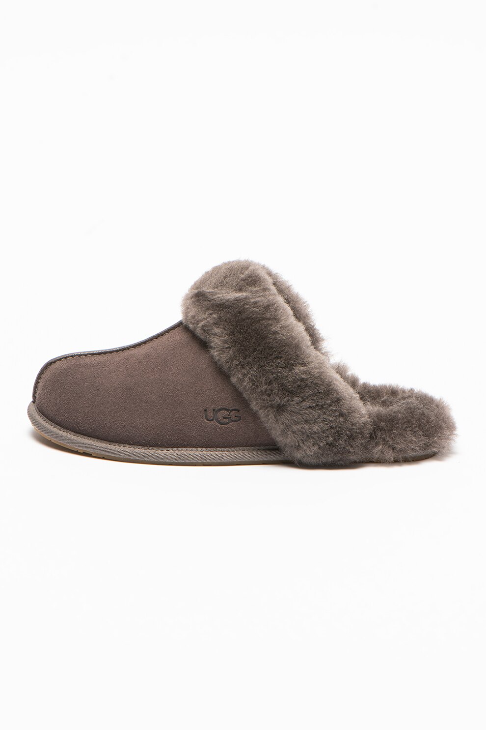 UGG, Papuci de piele intoarsa cu garnituri de piele de oaie Scuffette II, Gri inchis, 36