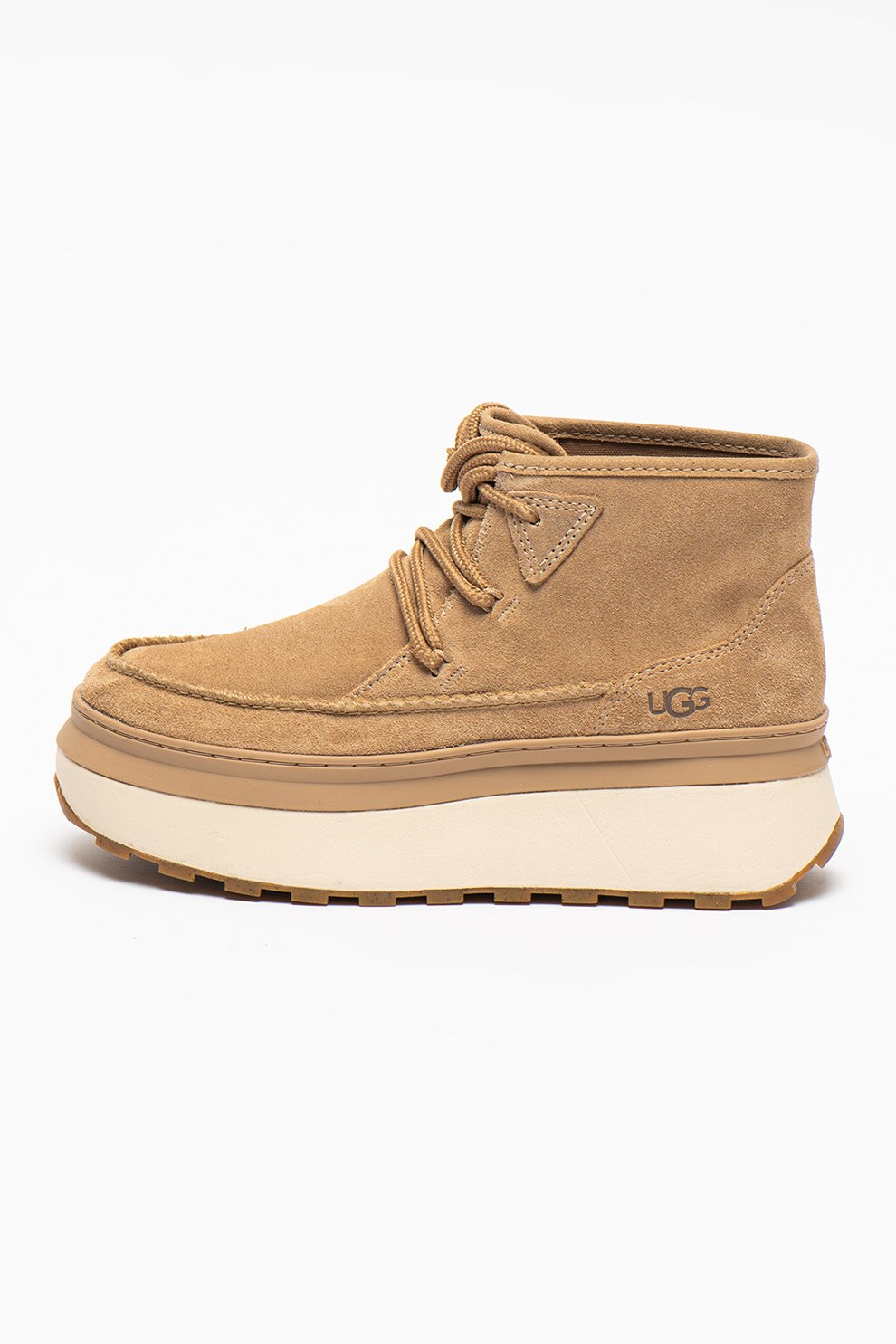 UGG, Ghete din piele intoarsa cu talpa wedge Marin, Maro nisip