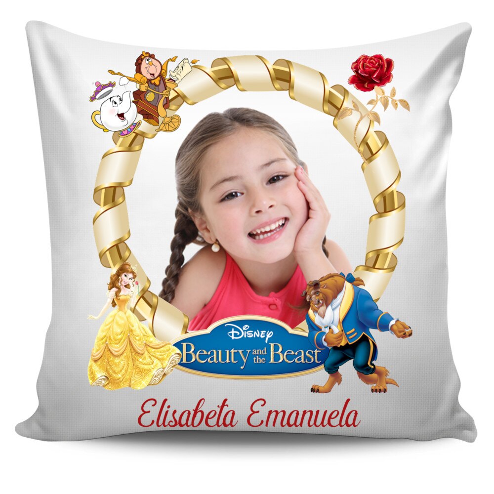 Perna personalizata Frumoasa si Bestia cu poza si text , Aniversare , Onomastica , Ziua Copilului, 40x40 cm,