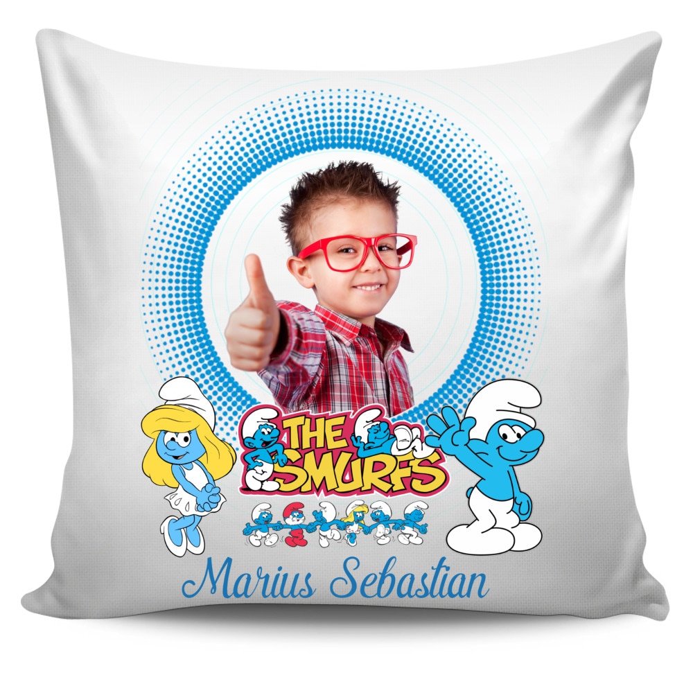 Perna personalizata Strumfii cu poza si text , Aniversare , Onomastica , Ziua Copilului, 40x40 cm