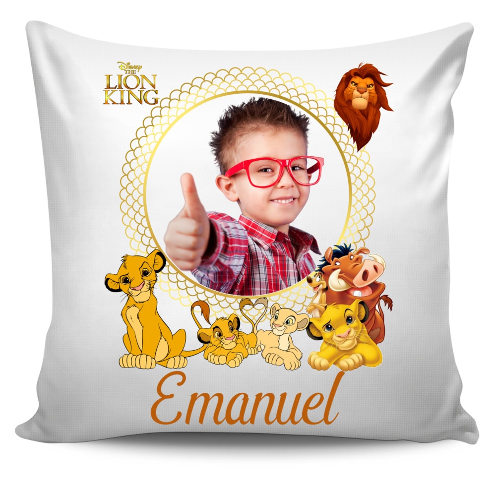 Perna personalizata Regele Leu cu poza si text , Aniversare , Onomastica , Ziua Copilului, 40x40 cm