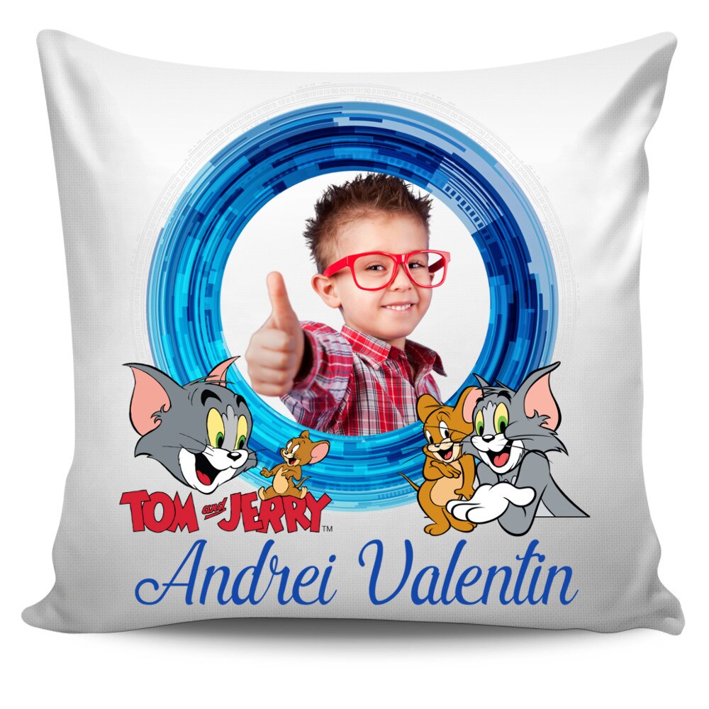 Perna personalizata Tom & Jerry cu poza si text , Aniversare , Onomastica , Ziua Copilului, 40x40 cm