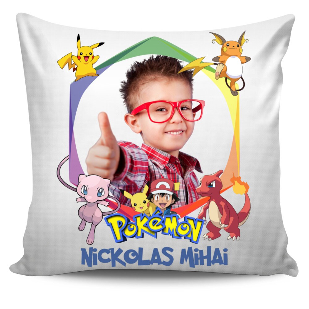Perna personalizata Pokemon cu poza si text , Aniversare , Onomastica , Ziua Copilului, 40x40 cm