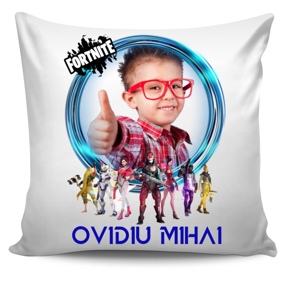Perna personalizata Fortnite 2 cu poza si text , Aniversare , Onomastica , Ziua Copilului, 40x40 cm