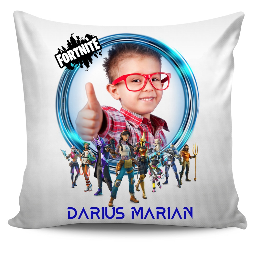 Perna personalizata Fortnite 1 cu poza si text , Aniversare , Onomastica , Ziua Copilului, 40x40 cm
