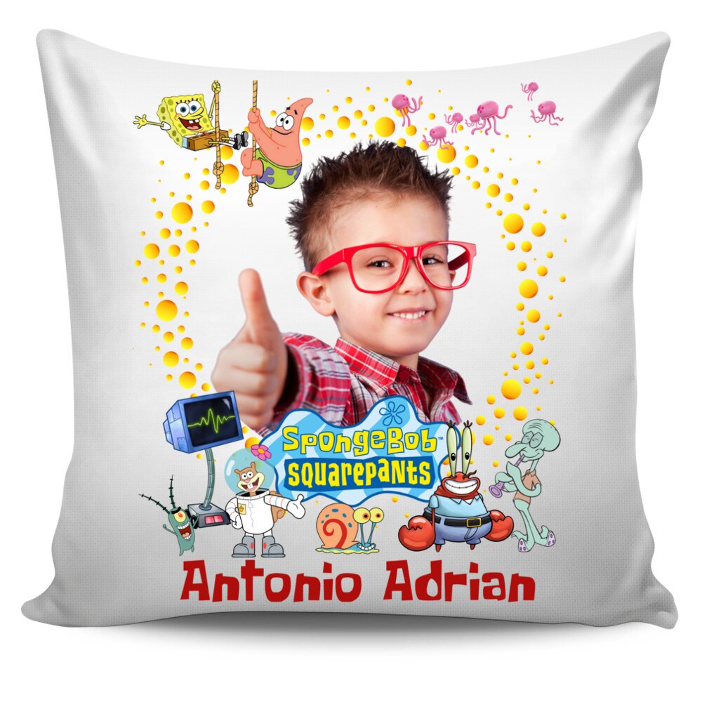 Perna personalizata SpongeBob cu poza si text , Aniversare , Onomastica , Ziua Copilului, 40x40 cm