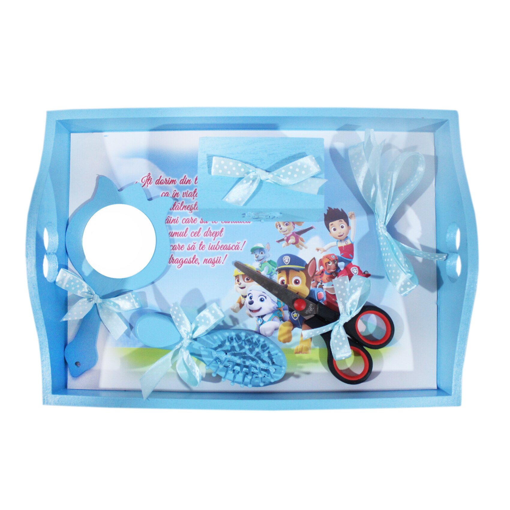 Tavita bleu pentru taierea motului cu abtibild Paw Patrol si fundite bleu, 6 piese, tavita, foarfeca, perie, oglinda, cutiuta suvita par, fundita, REC1479