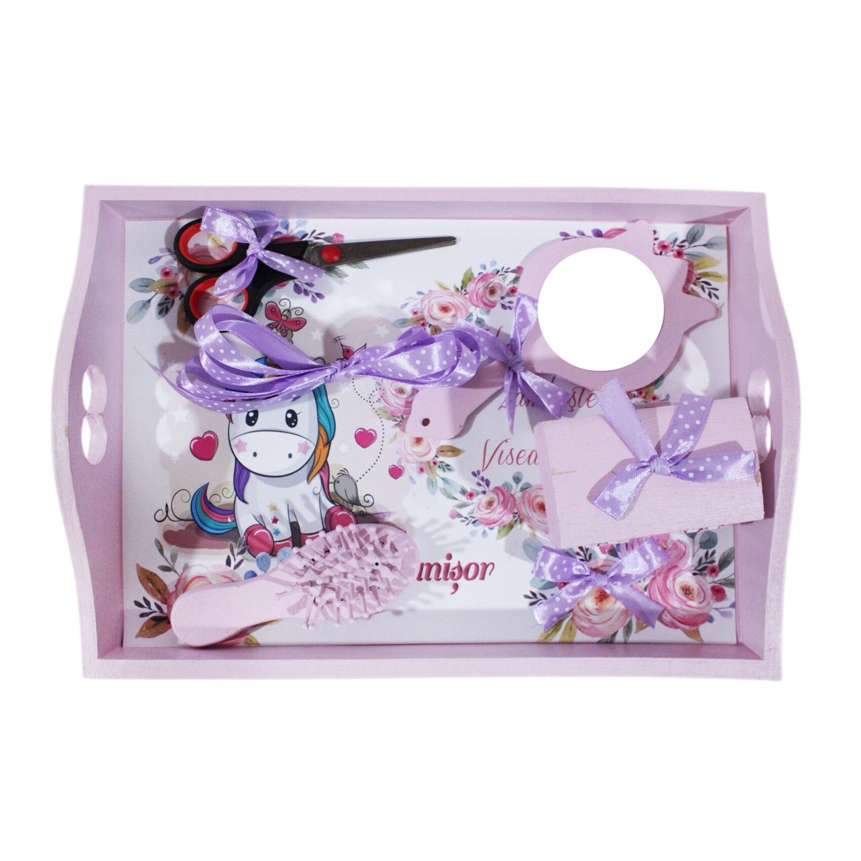 Tavita roz pentru taierea motului cu abtibild unicorn si fundite lila, 6 piese, tavita, foarfeca, perie, oglinda, cutiuta suvita par, fundita, REC1483
