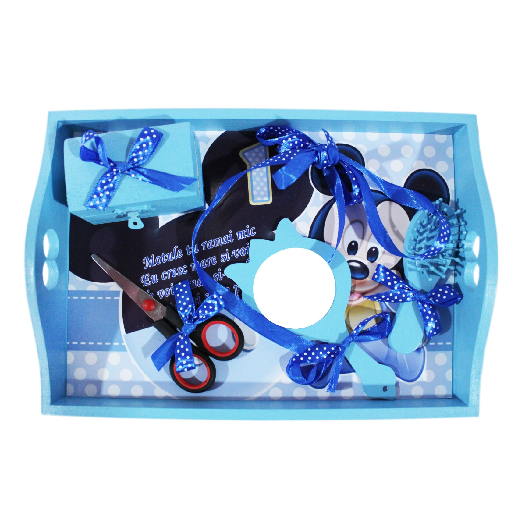 Tavita bleu cu fundite albastru electric pentru taierea motului, abtibild cu Mickey Mouse, 6 piese, tavita, foarfeca, perie, oglinda, cutiuta suvita par, fundita, REC1487