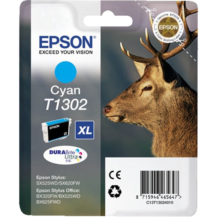 Epson Cyan nagy kapacitású tintapatron T1302 Stylus Office B42WD / Stylus Office BX525WD / Stylus Office BX625FWD / Stylus Office BX925FWD / Stylus SX620FW / WorkForce Pro WF-7015 / WorkForce WF-3010DW, 765 oldal C13T13024010