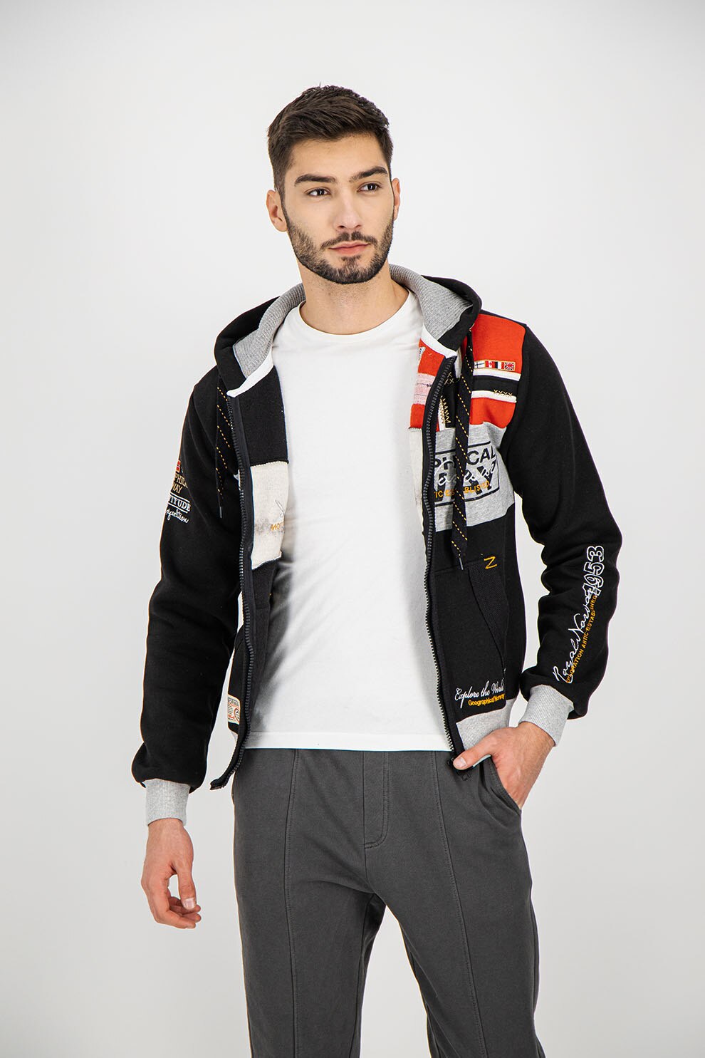 Geographical Norway, Hanorac cu fermoar si broderii Flyer, Negru/Gri melange