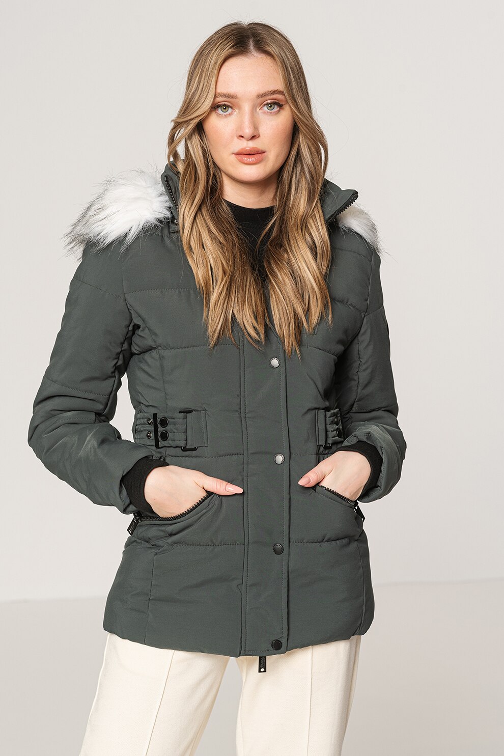 Geographical Norway, Geaca cu garnitura de blana sintetica Chester, Gri inchis