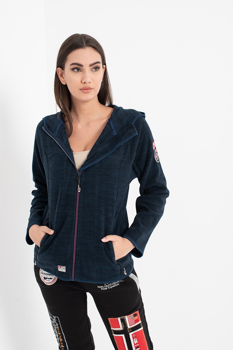 Geographical Norway, Hanorac din fleece cu fermoar si buzunare laterale Talweg, Bleumarin/Roz