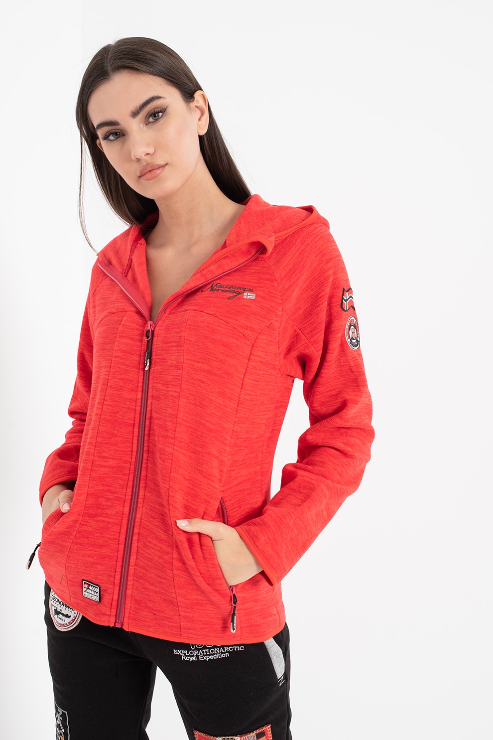 Geographical Norway, Hanorac din fleece cu fermoar si buzunare laterale Talweg, Rosu