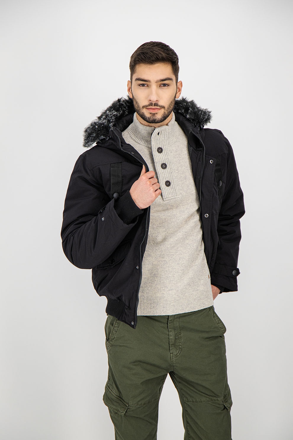 Geographical Norway, Geaca cu garnitura de blana sintetica Belin, Negru