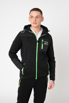 Geographical Norway, Hanorac cu fermoar si segmente matlasate Twigy, Negru/Verde electric Geographical Norway, Hanorac cu fermoar si segmente matlasate Twigy, Negru/Verde electric
