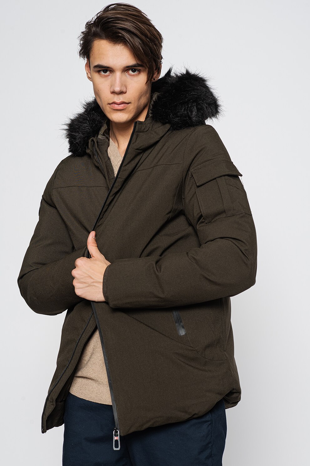 Geographical Norway, Geaca cu gluga de blana sintetica Direct, Verde militar